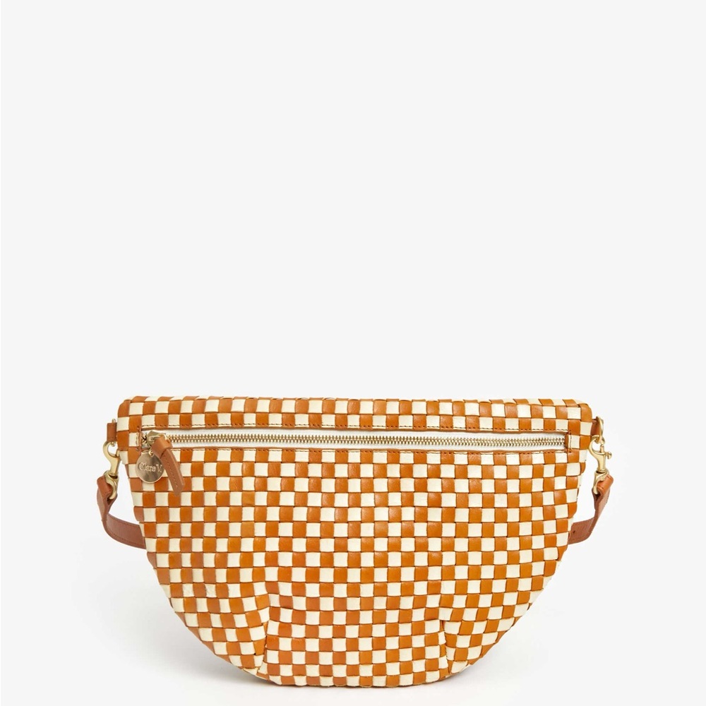 Clare V. Grande Fanny Natural & Cream Woven Checker